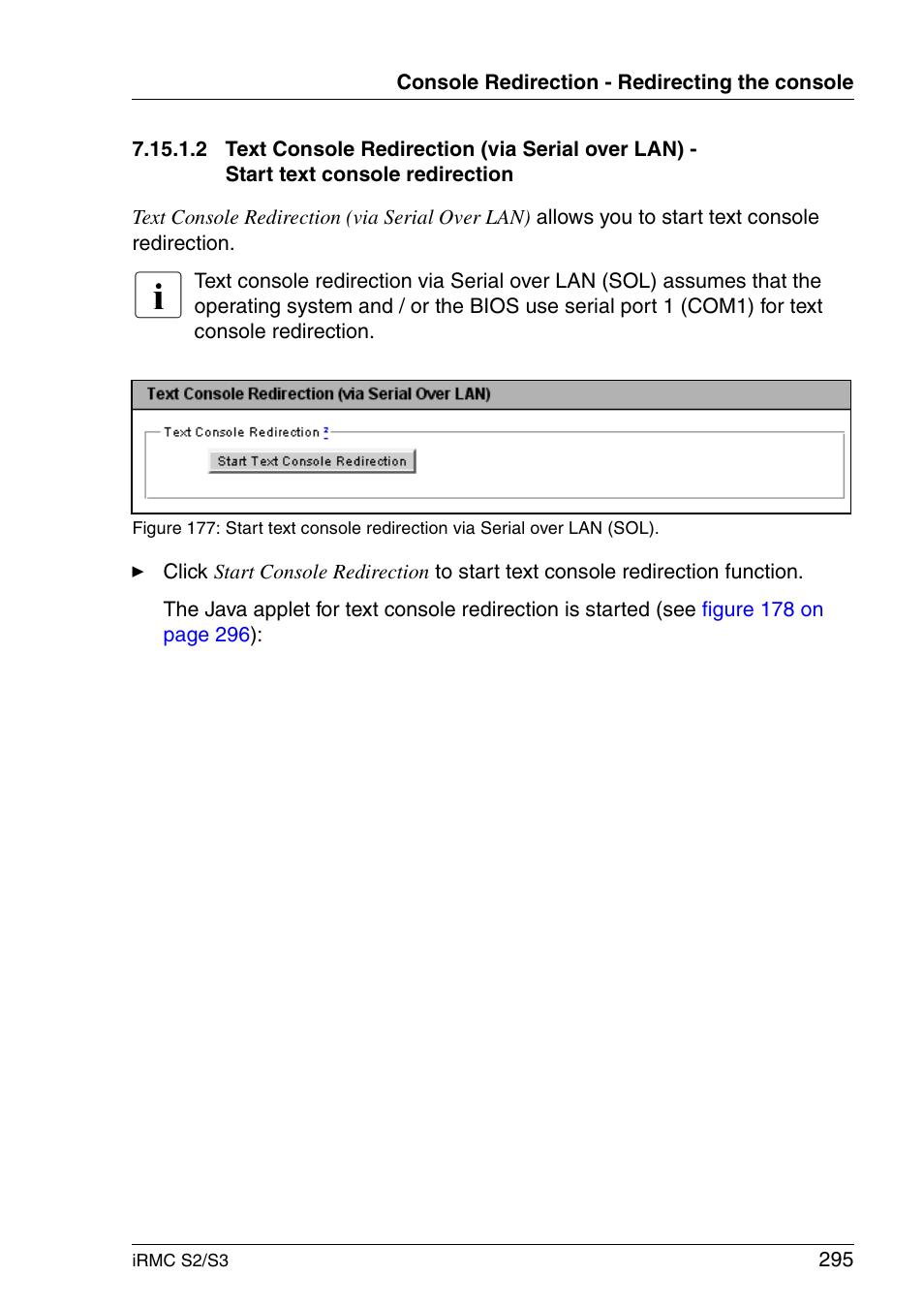 Section "text console | FUJITSU INTEGRATED REMOTE MANAGEMENT CONTROLLER IRMC S2/S3 User Manual | Page 295 / 426