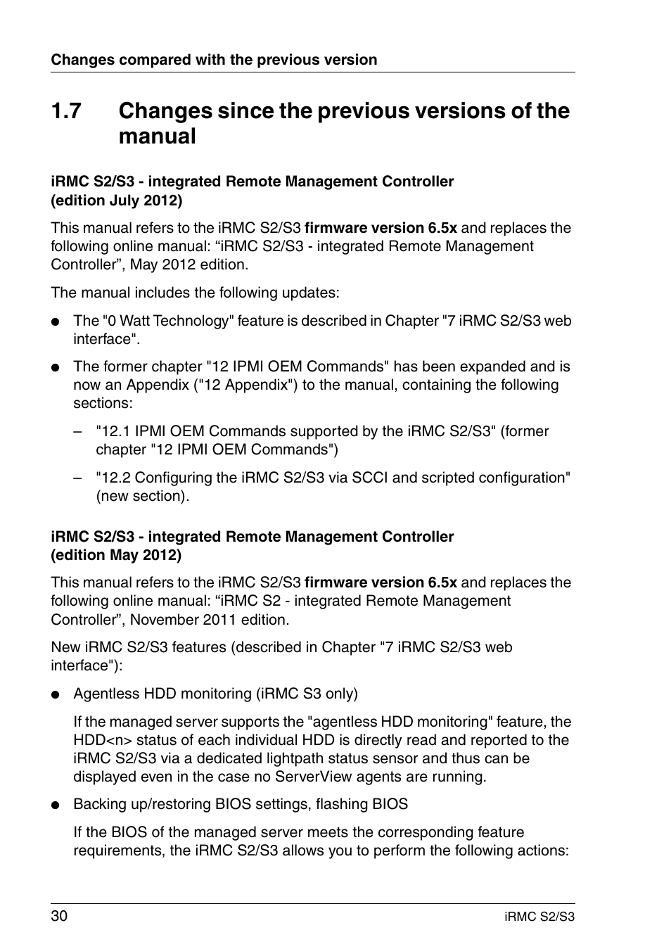 Changes since the previous versions of the manual | FUJITSU INTEGRATED REMOTE MANAGEMENT CONTROLLER IRMC S2/S3 User Manual | Page 30 / 426