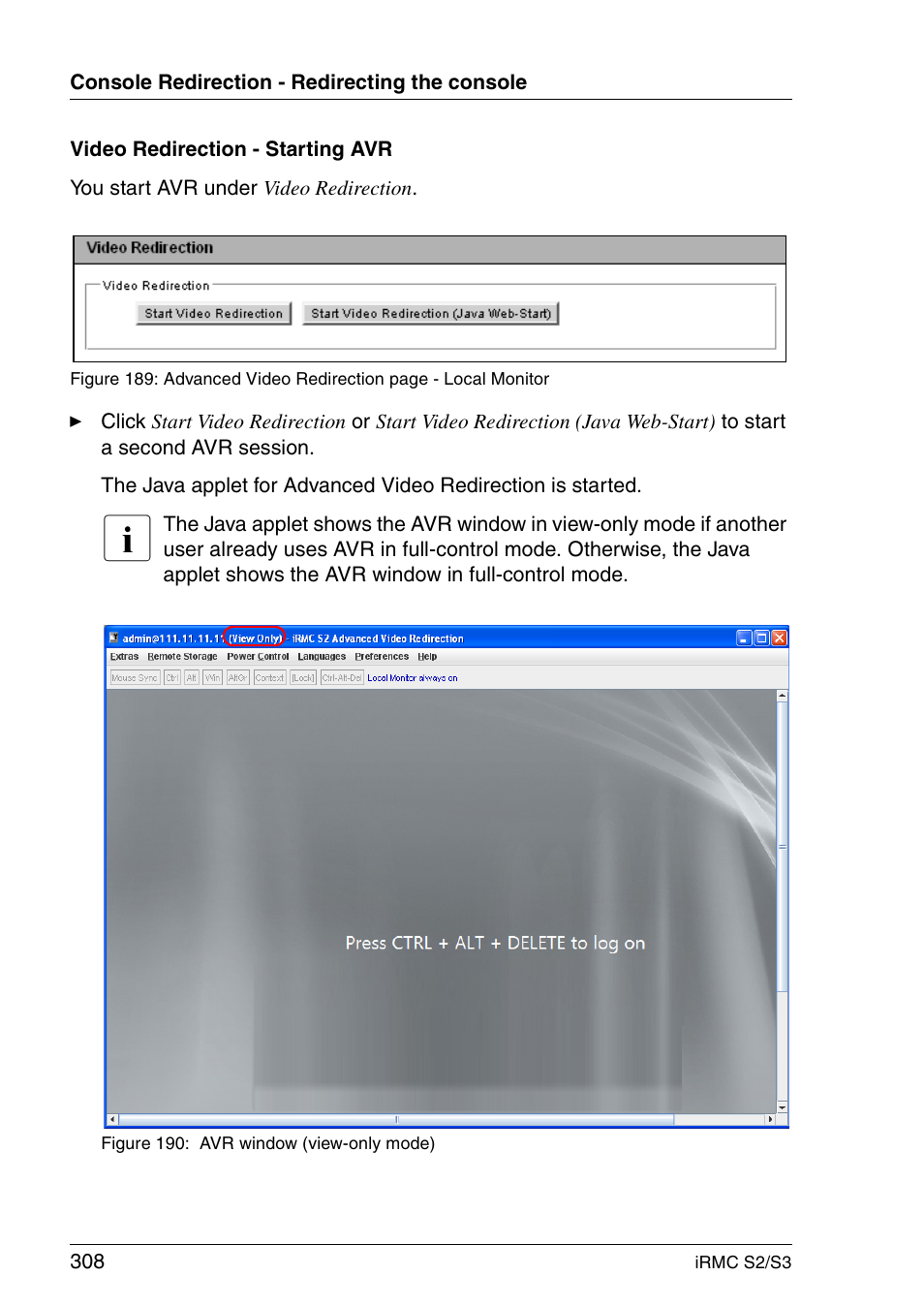 Video redirection - starting avr, Video | FUJITSU INTEGRATED REMOTE MANAGEMENT CONTROLLER IRMC S2/S3 User Manual | Page 308 / 426