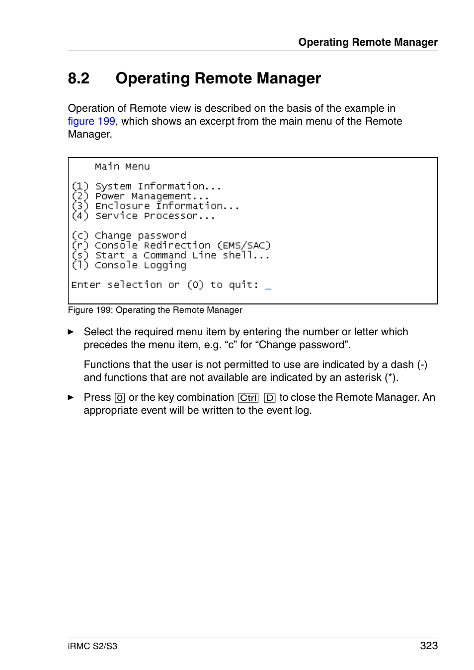 Operating remote manager, 2 operating remote manager | FUJITSU INTEGRATED REMOTE MANAGEMENT CONTROLLER IRMC S2/S3 User Manual | Page 323 / 426