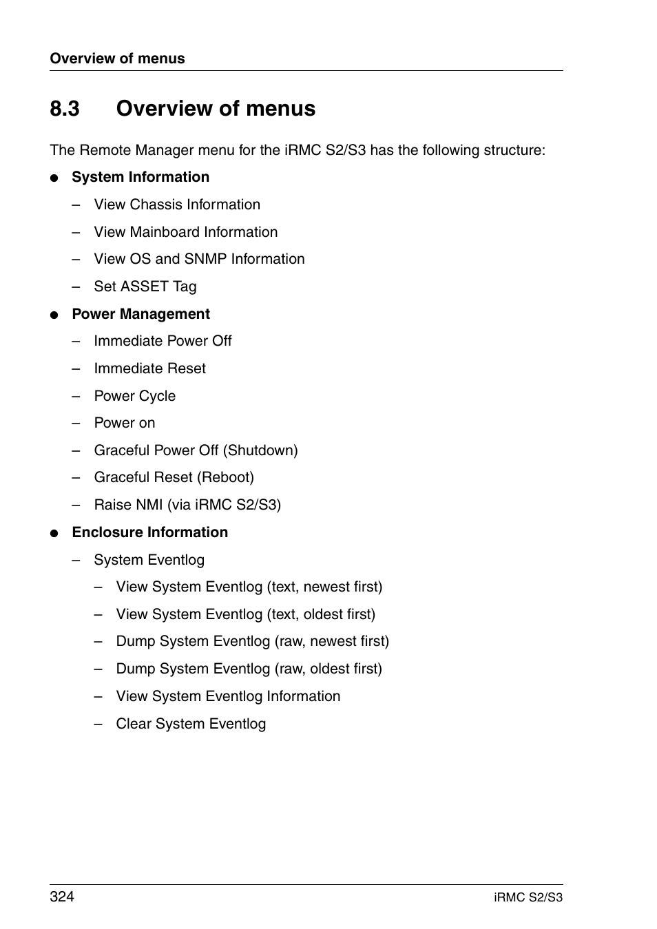 Overview of menus, 3 overview of menus | FUJITSU INTEGRATED REMOTE MANAGEMENT CONTROLLER IRMC S2/S3 User Manual | Page 324 / 426