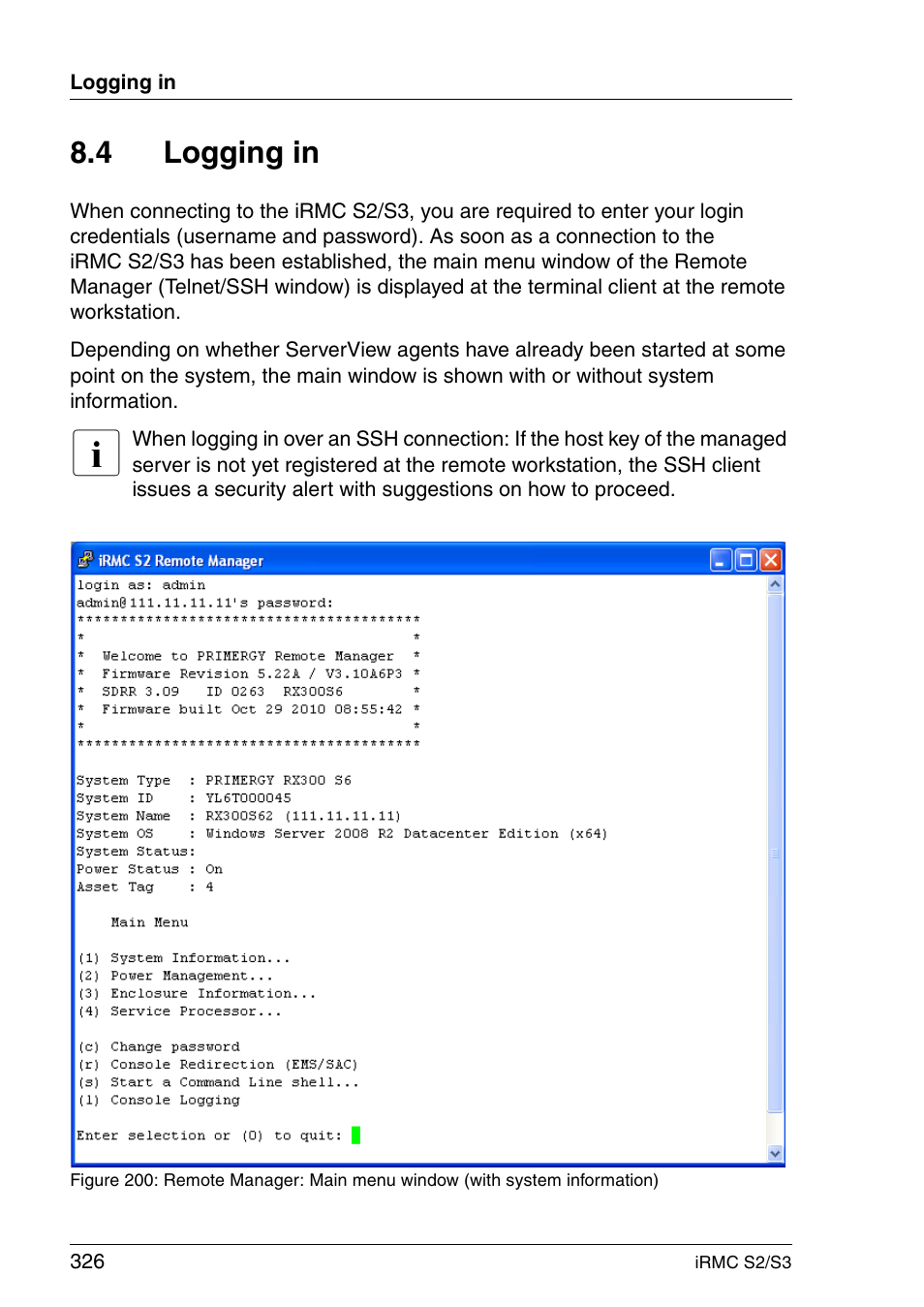 Logging in, 4 logging in | FUJITSU INTEGRATED REMOTE MANAGEMENT CONTROLLER IRMC S2/S3 User Manual | Page 326 / 426