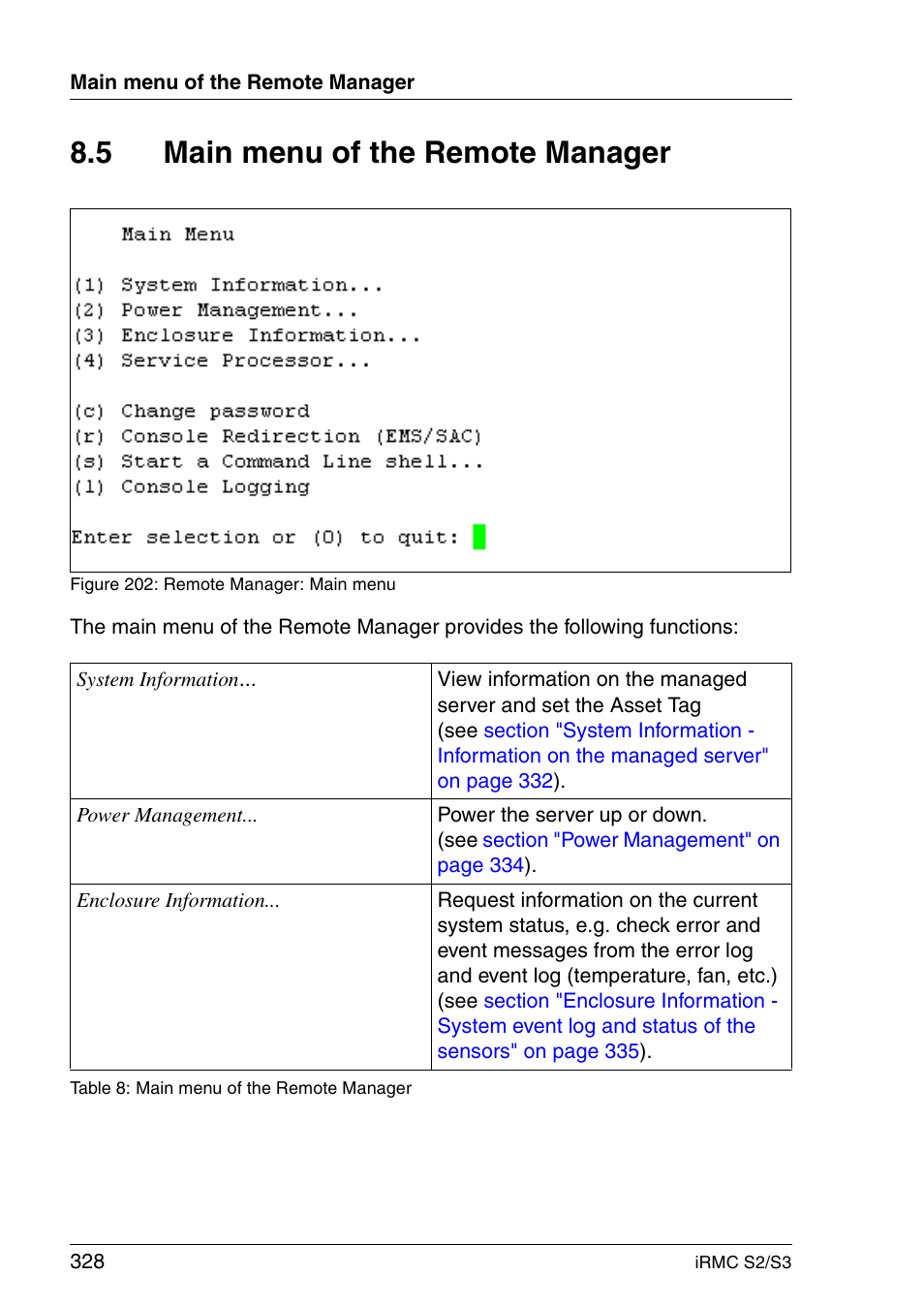 Main menu of the remote manager, Section "main menu of, 5 main menu of the remote manager | FUJITSU INTEGRATED REMOTE MANAGEMENT CONTROLLER IRMC S2/S3 User Manual | Page 328 / 426
