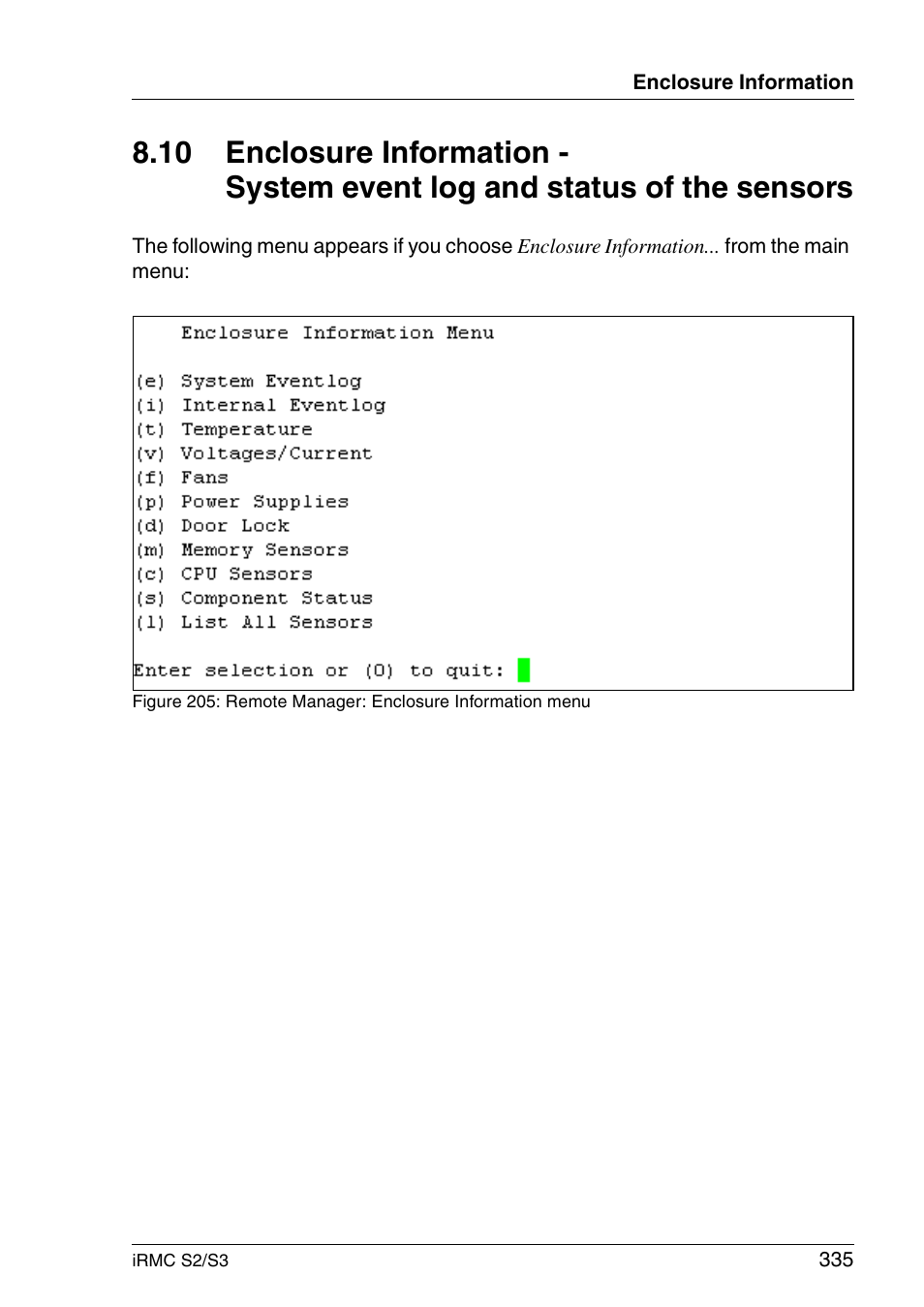 Section "enclosure information | FUJITSU INTEGRATED REMOTE MANAGEMENT CONTROLLER IRMC S2/S3 User Manual | Page 335 / 426