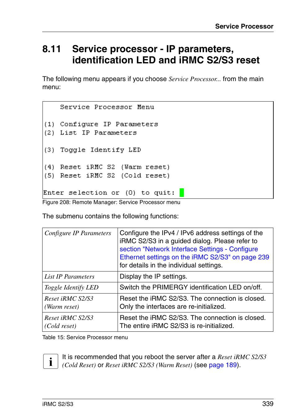 Section "service, Section "service processor - ip | FUJITSU INTEGRATED REMOTE MANAGEMENT CONTROLLER IRMC S2/S3 User Manual | Page 339 / 426