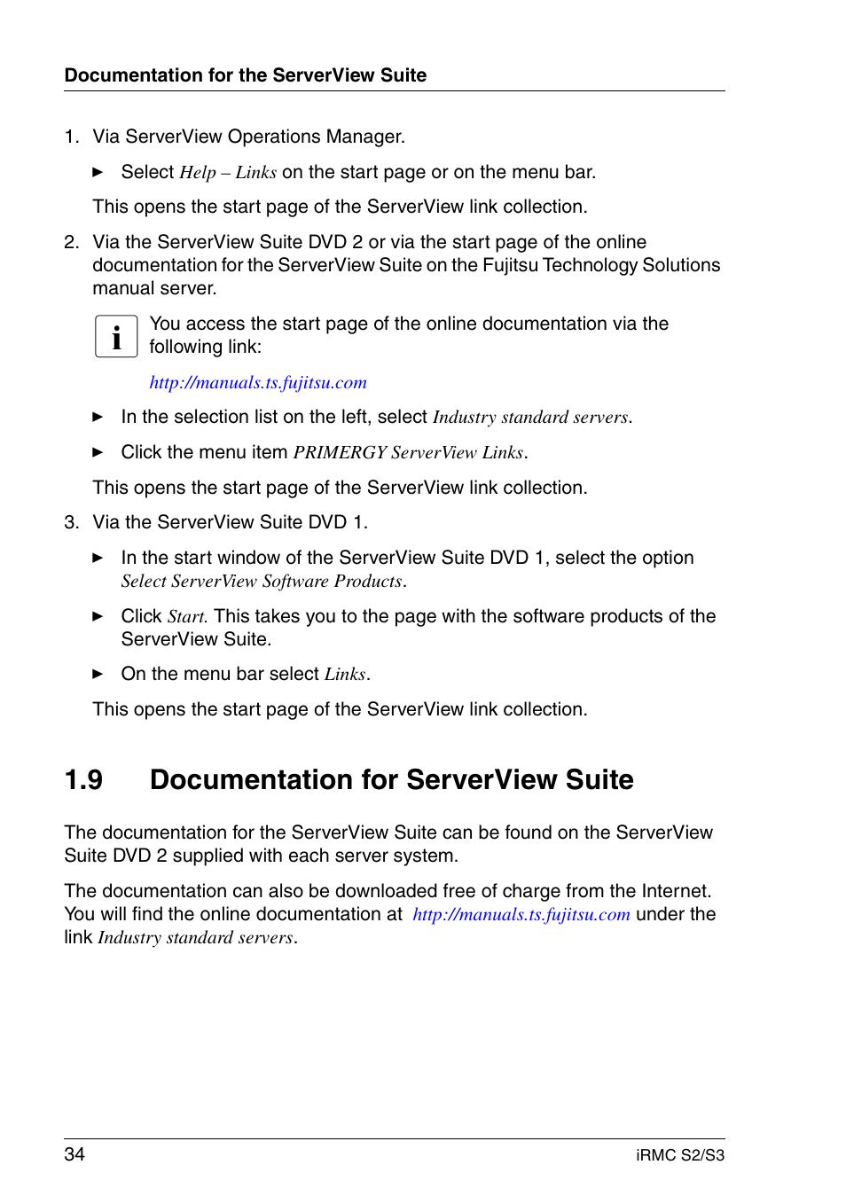 Documentation for serverview suite, 9 documentation for serverview suite | FUJITSU INTEGRATED REMOTE MANAGEMENT CONTROLLER IRMC S2/S3 User Manual | Page 34 / 426
