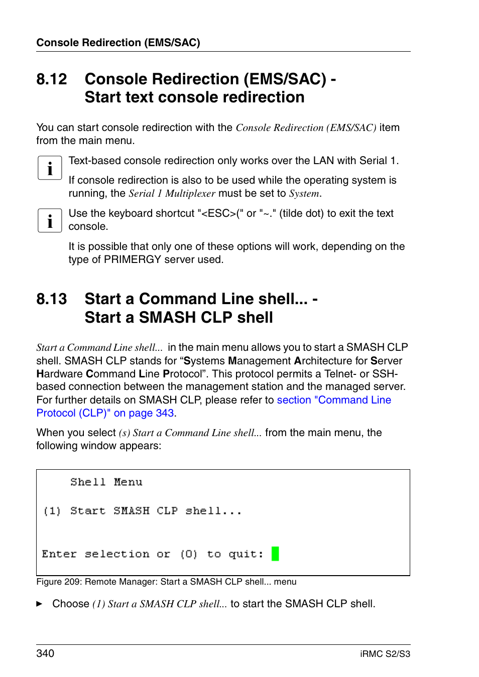 Section "console redirection, Section "start a command line | FUJITSU INTEGRATED REMOTE MANAGEMENT CONTROLLER IRMC S2/S3 User Manual | Page 340 / 426