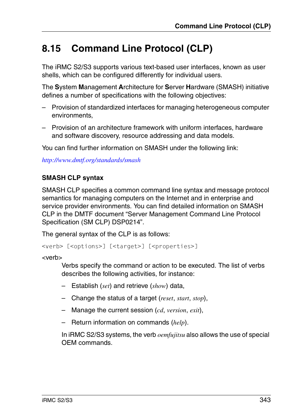 Command line protocol (clp), 15 command line protocol (clp) | FUJITSU INTEGRATED REMOTE MANAGEMENT CONTROLLER IRMC S2/S3 User Manual | Page 343 / 426