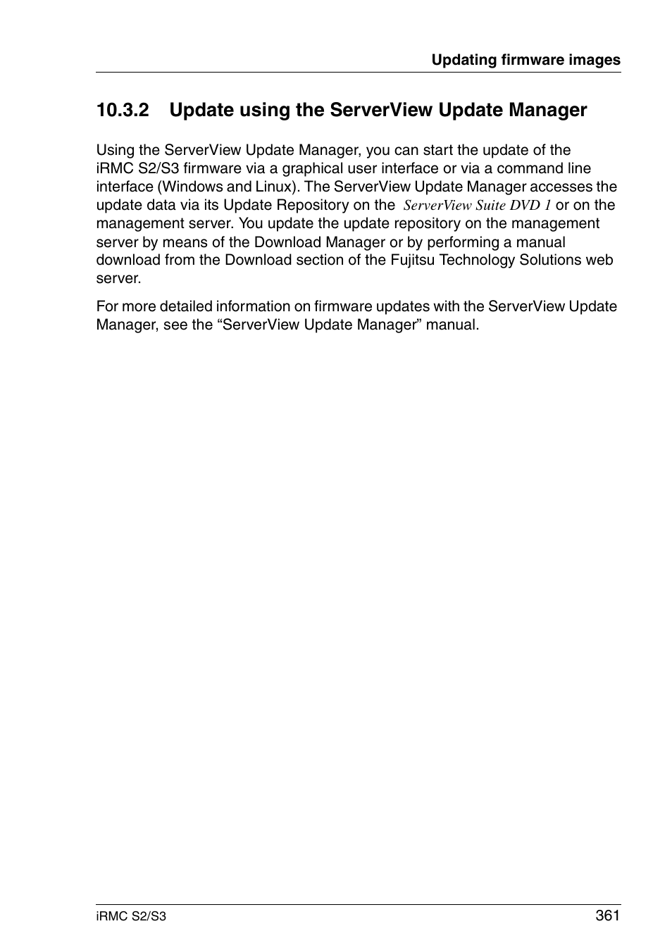 Update using the serverview update manager, 2 update using the serverview update manager | FUJITSU INTEGRATED REMOTE MANAGEMENT CONTROLLER IRMC S2/S3 User Manual | Page 361 / 426