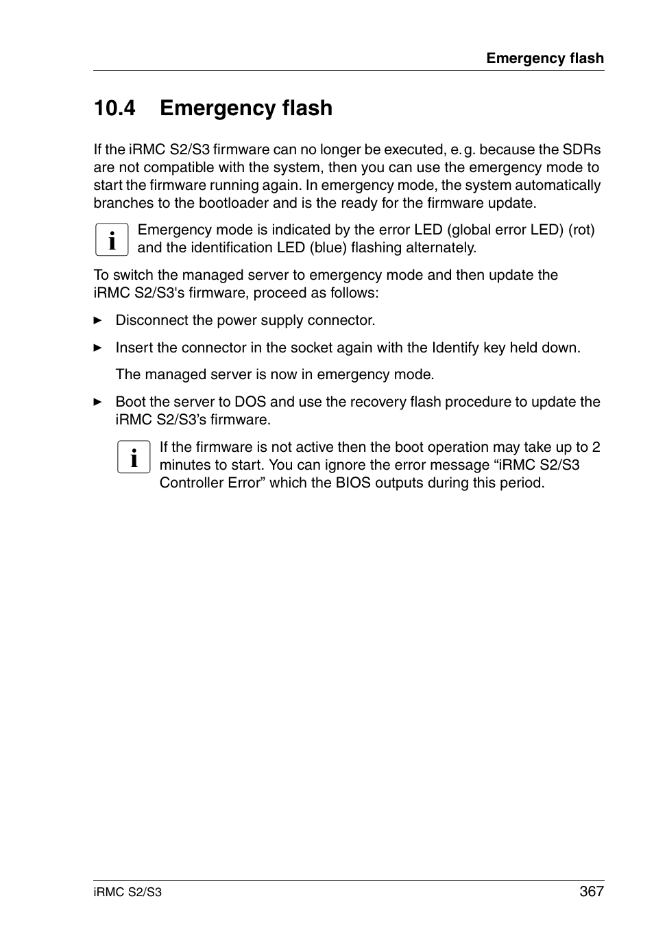 Emergency flash, 4 emergency flash | FUJITSU INTEGRATED REMOTE MANAGEMENT CONTROLLER IRMC S2/S3 User Manual | Page 367 / 426