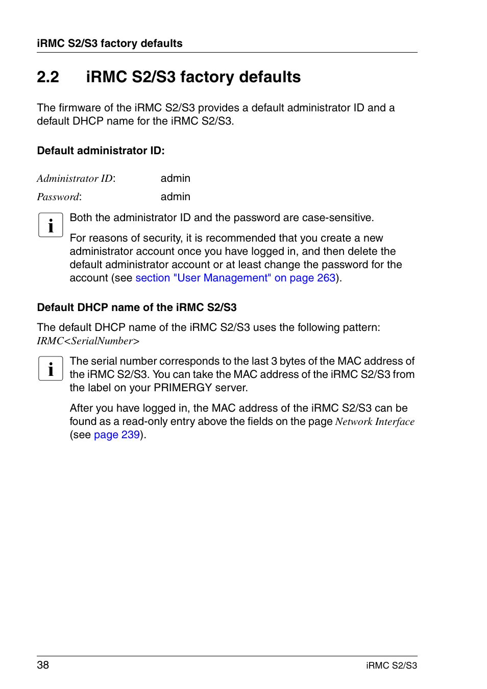 Irmc s2/s3 factory defaults, 2 irmc s2/s3 factory defaults | FUJITSU INTEGRATED REMOTE MANAGEMENT CONTROLLER IRMC S2/S3 User Manual | Page 38 / 426
