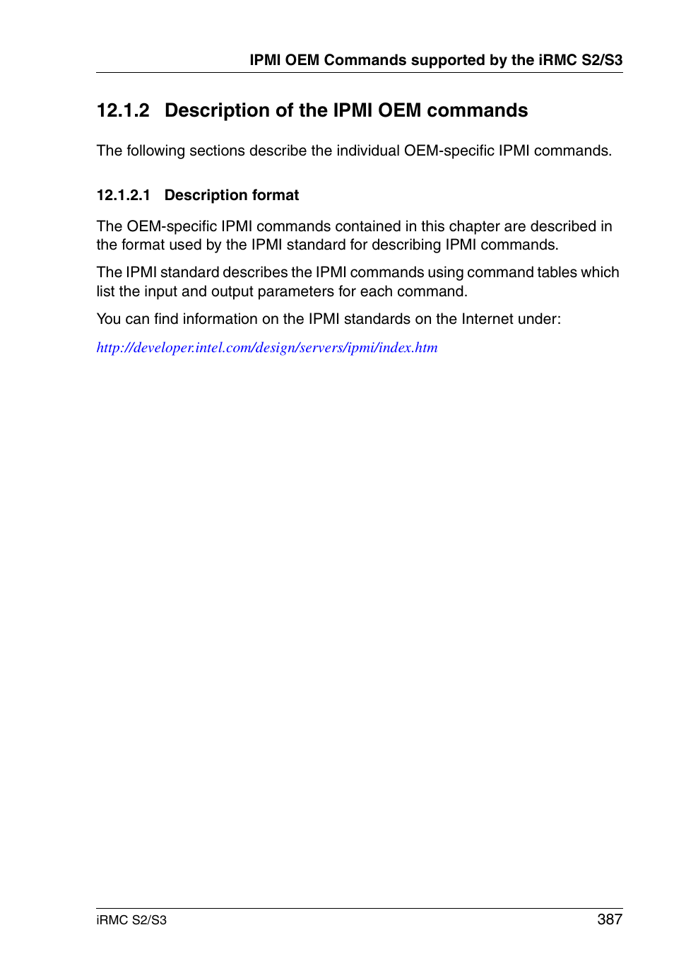 Description of the ipmi oem commands, Description format, 2 description of the ipmi oem commands | FUJITSU INTEGRATED REMOTE MANAGEMENT CONTROLLER IRMC S2/S3 User Manual | Page 387 / 426