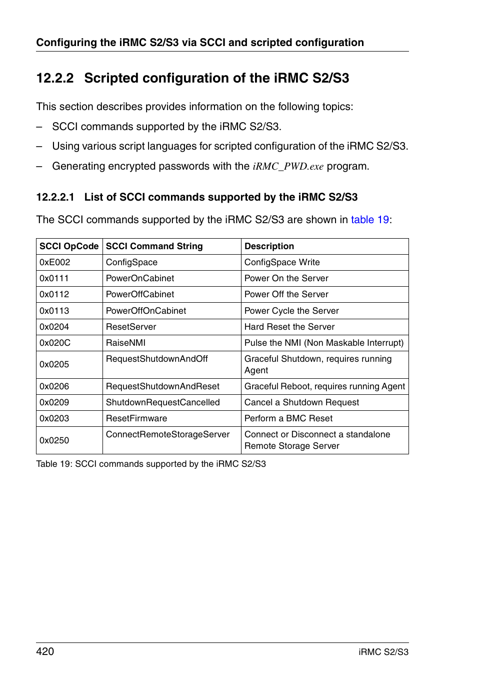 Scripted configuration of the irmc s2/s3, List of scci commands supported by the irmc s2/s3, 2 scripted configuration of the irmc s2/s3 | FUJITSU INTEGRATED REMOTE MANAGEMENT CONTROLLER IRMC S2/S3 User Manual | Page 420 / 426