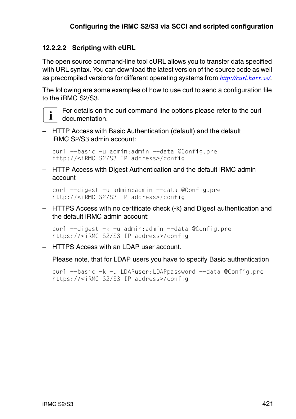 Scripting with curl | FUJITSU INTEGRATED REMOTE MANAGEMENT CONTROLLER IRMC S2/S3 User Manual | Page 421 / 426