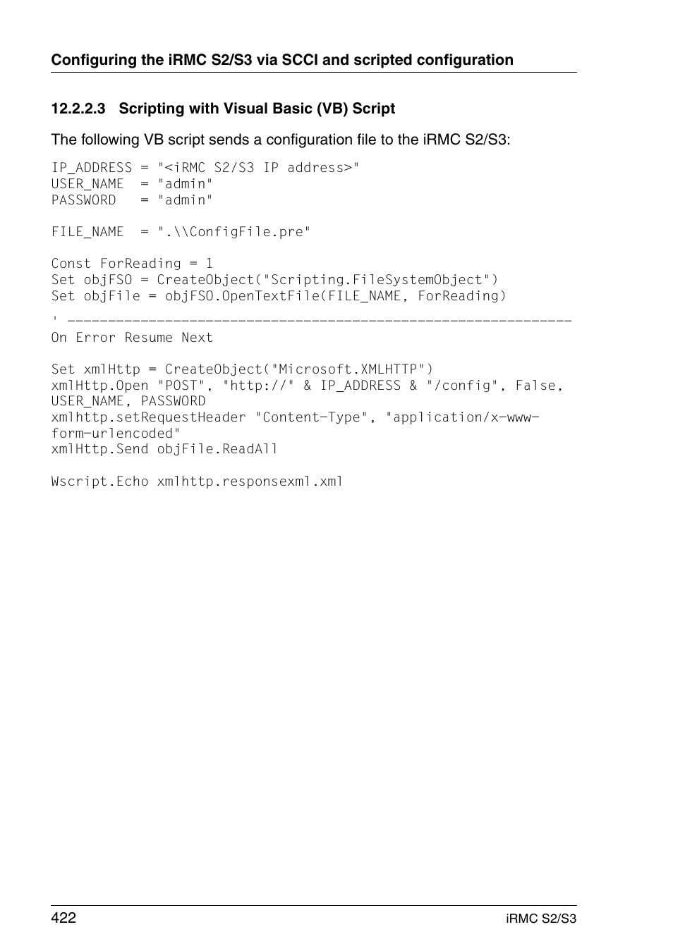 Scripting with visual basic (vb) script | FUJITSU INTEGRATED REMOTE MANAGEMENT CONTROLLER IRMC S2/S3 User Manual | Page 422 / 426