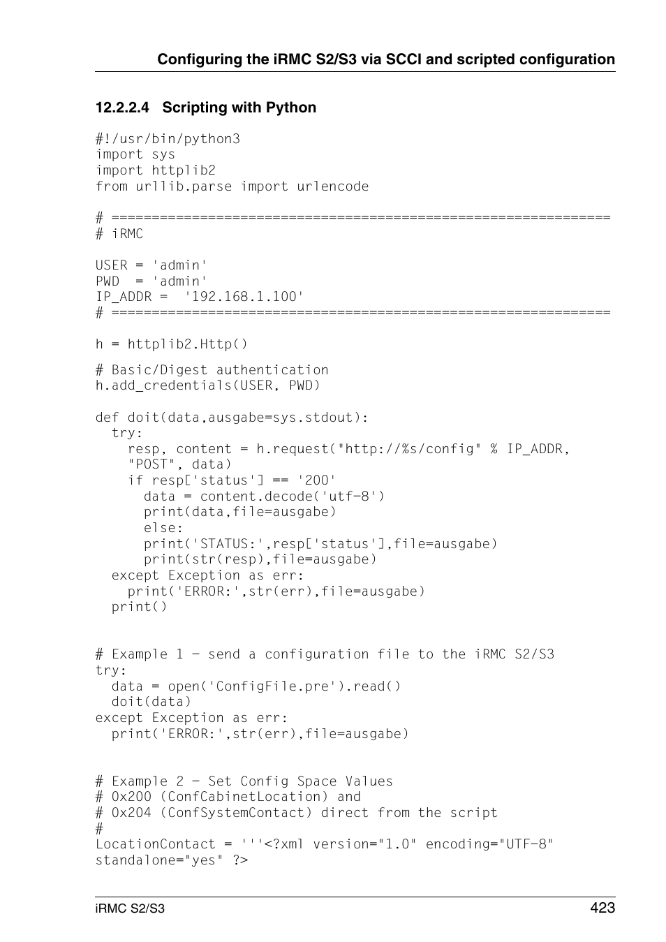 Scripting with python | FUJITSU INTEGRATED REMOTE MANAGEMENT CONTROLLER IRMC S2/S3 User Manual | Page 423 / 426