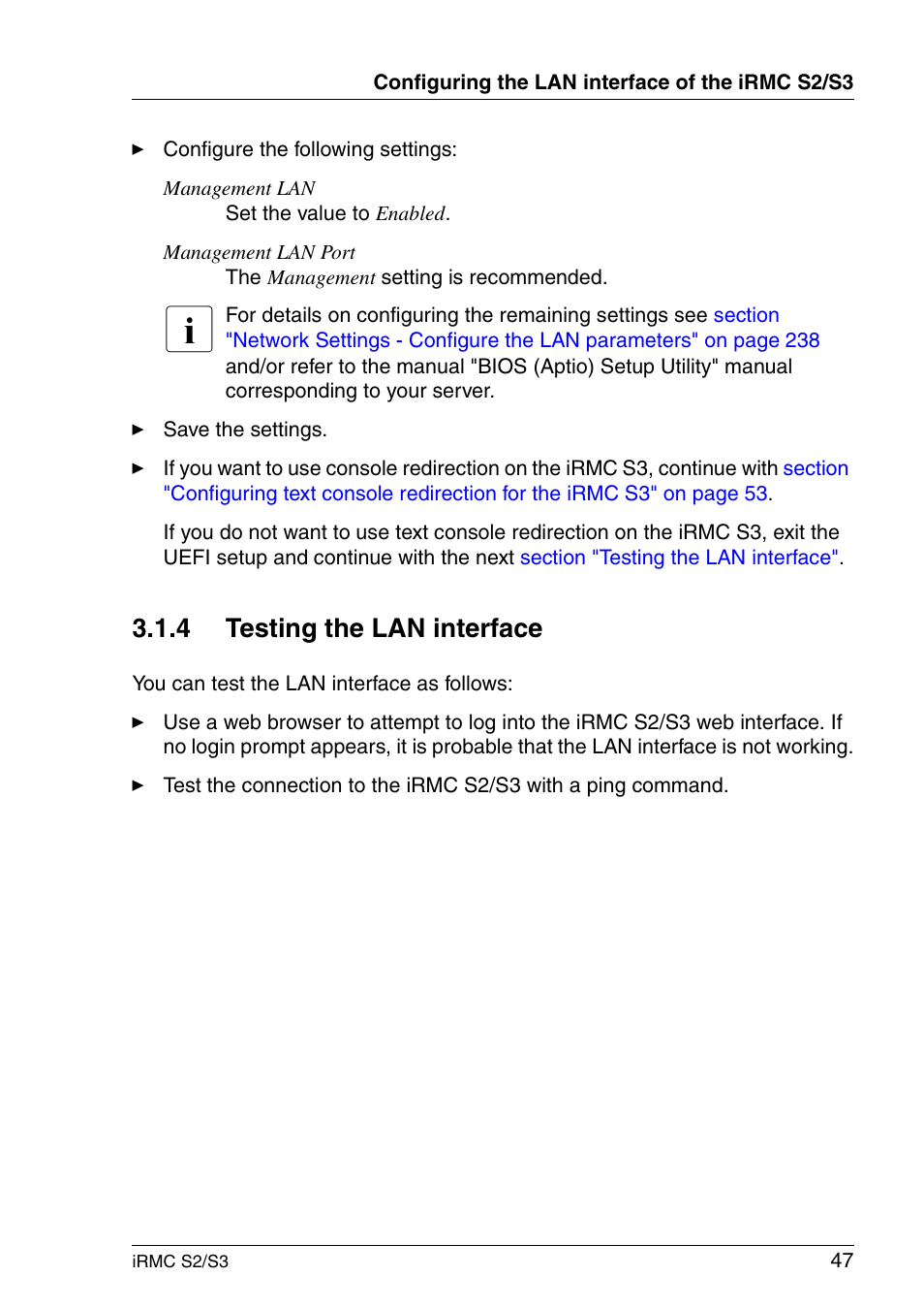 Testing the lan interface, Section "testing the lan, Interface | 4 testing the lan interface | FUJITSU INTEGRATED REMOTE MANAGEMENT CONTROLLER IRMC S2/S3 User Manual | Page 47 / 426