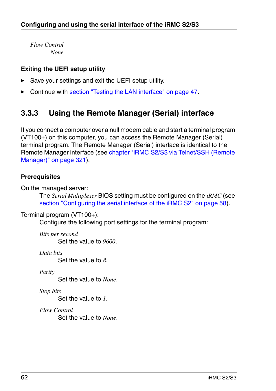 Using the remote manager (serial) interface, 3 using the remote manager (serial) interface | FUJITSU INTEGRATED REMOTE MANAGEMENT CONTROLLER IRMC S2/S3 User Manual | Page 62 / 426