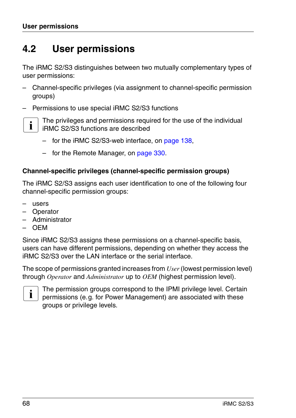 User permissions, 2 user permissions | FUJITSU INTEGRATED REMOTE MANAGEMENT CONTROLLER IRMC S2/S3 User Manual | Page 68 / 426