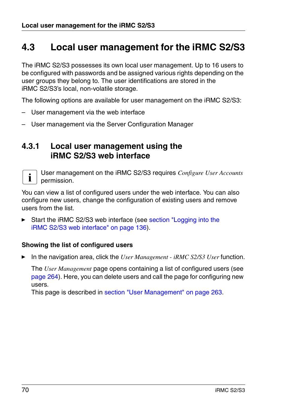 Local user management for the irmc s2/s3, 3 local user management for the irmc s2/s3 | FUJITSU INTEGRATED REMOTE MANAGEMENT CONTROLLER IRMC S2/S3 User Manual | Page 70 / 426