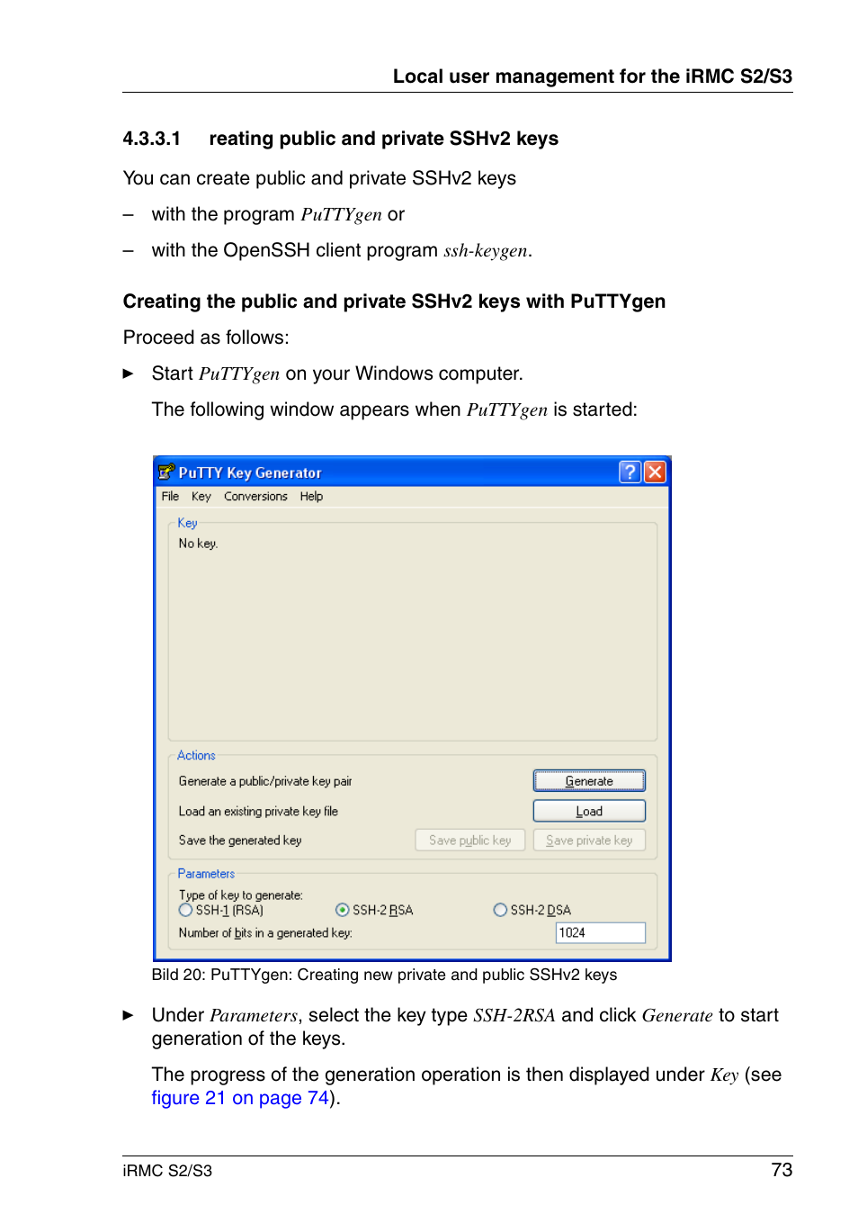 Reating public and private sshv2 keys | FUJITSU INTEGRATED REMOTE MANAGEMENT CONTROLLER IRMC S2/S3 User Manual | Page 73 / 426