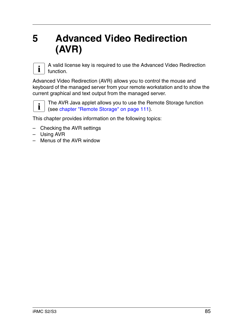 Advanced video redirection (avr), 5advanced video redirection (avr) | FUJITSU INTEGRATED REMOTE MANAGEMENT CONTROLLER IRMC S2/S3 User Manual | Page 85 / 426