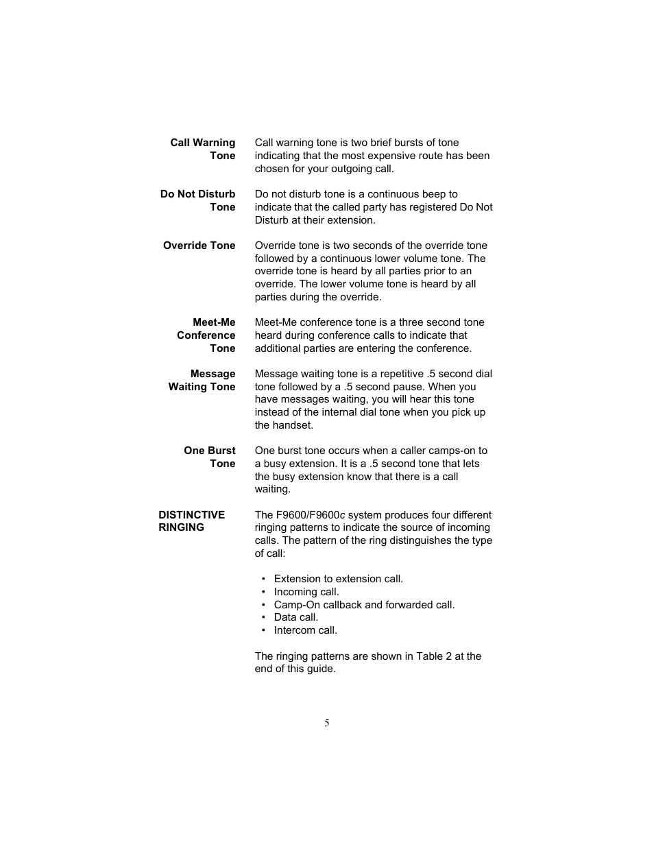 Call warning tone, Do not disturb tone, Override tone | Meet-me conference tone, Message waiting tone, One burst tone, Distinctive ringing | FUJITSU F9600 F9600c User Manual | Page 13 / 96