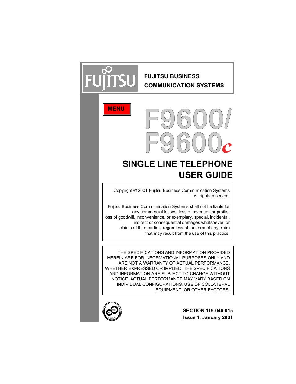 Single line telephone user guide, Fujitsu business communication systems, Menu | FUJITSU F9600 F9600c User Manual | Page 3 / 96