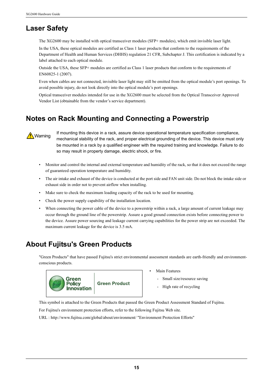 Laser safety, Notes on rack mounting and connecting a powerstrip, About fujitsu's green products | FUJITSU XG2600 User Manual | Page 15 / 59