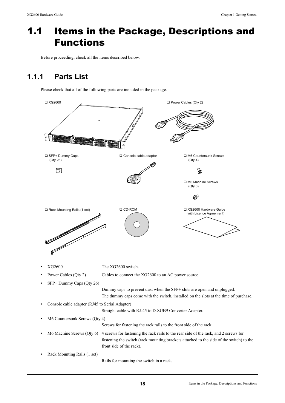 1 items in the package, descriptions and functions, 1 parts list, Items in the package, descriptions and functions | Parts list | FUJITSU XG2600 User Manual | Page 18 / 59