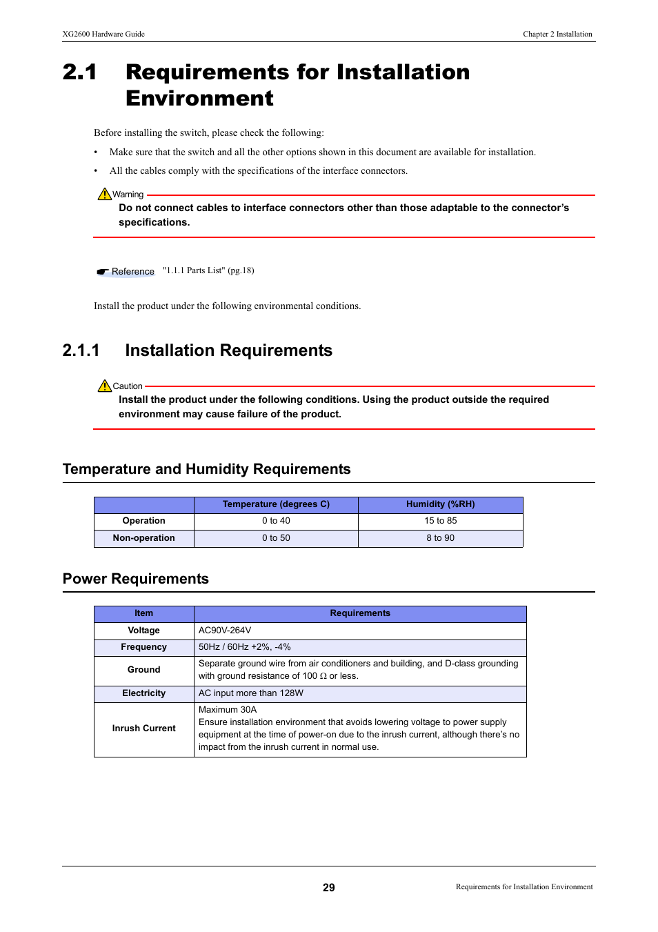 1 requirements for installation environment, 1 installation requirements, Requirements for installation environment | Installation requirements | FUJITSU XG2600 User Manual | Page 29 / 59