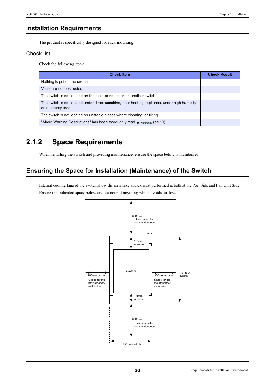 2 space requirements, Space requirements, Installation requirements | Check-list | FUJITSU XG2600 User Manual | Page 30 / 59