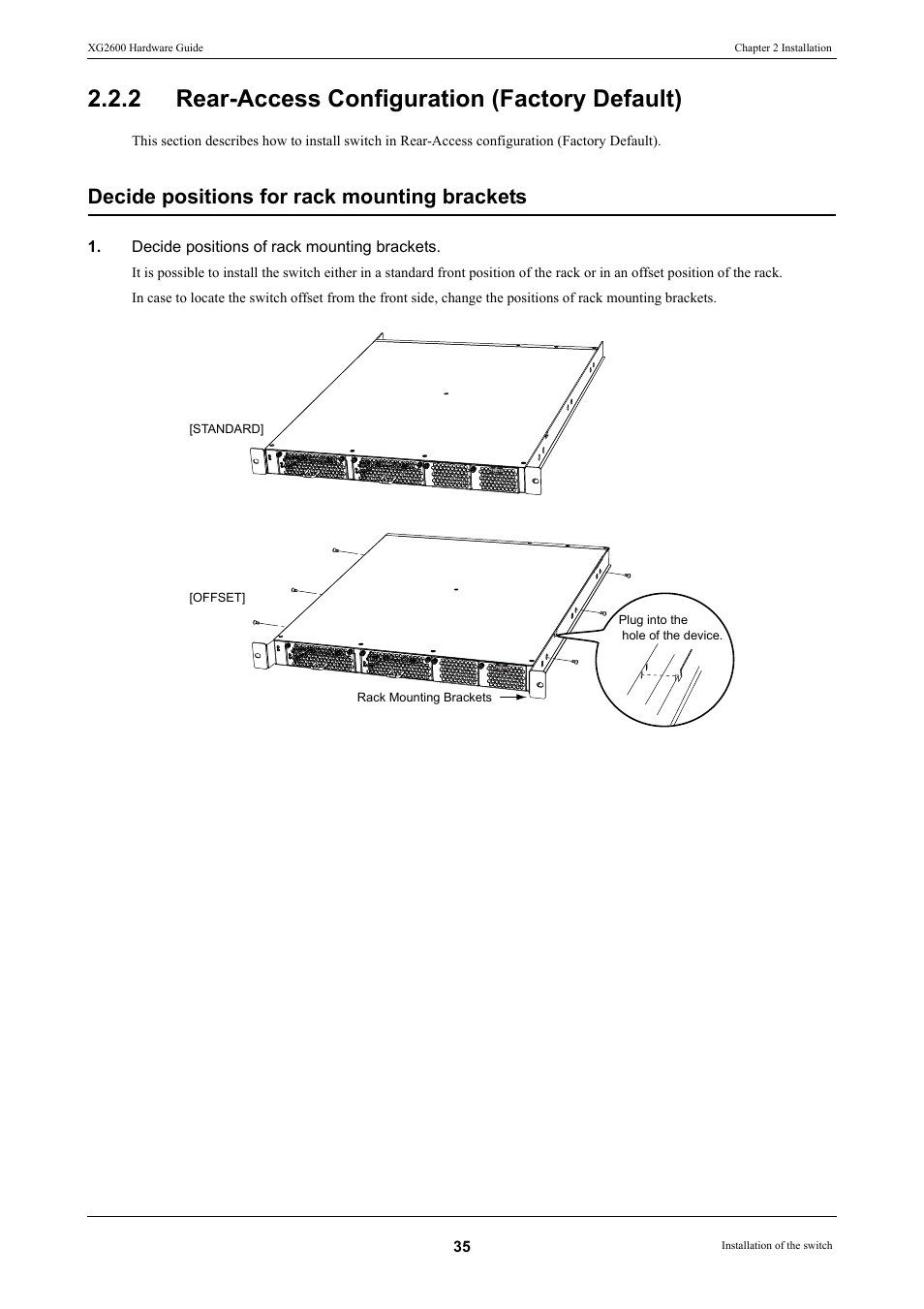 2 rear-access configuration (factory default), Rear-access configuration (factory default), Decide positions for rack mounting brackets | FUJITSU XG2600 User Manual | Page 35 / 59