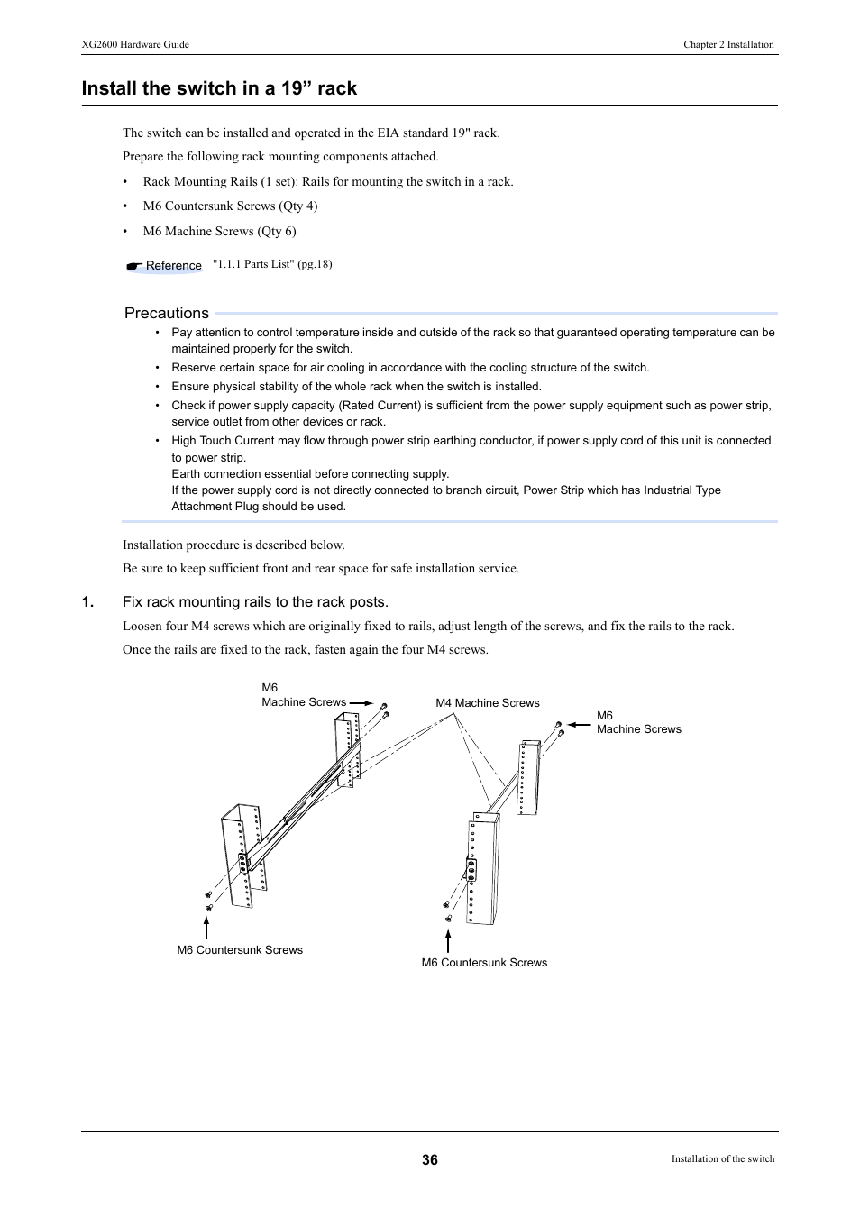 Install the switch in a 19” rack | FUJITSU XG2600 User Manual | Page 36 / 59