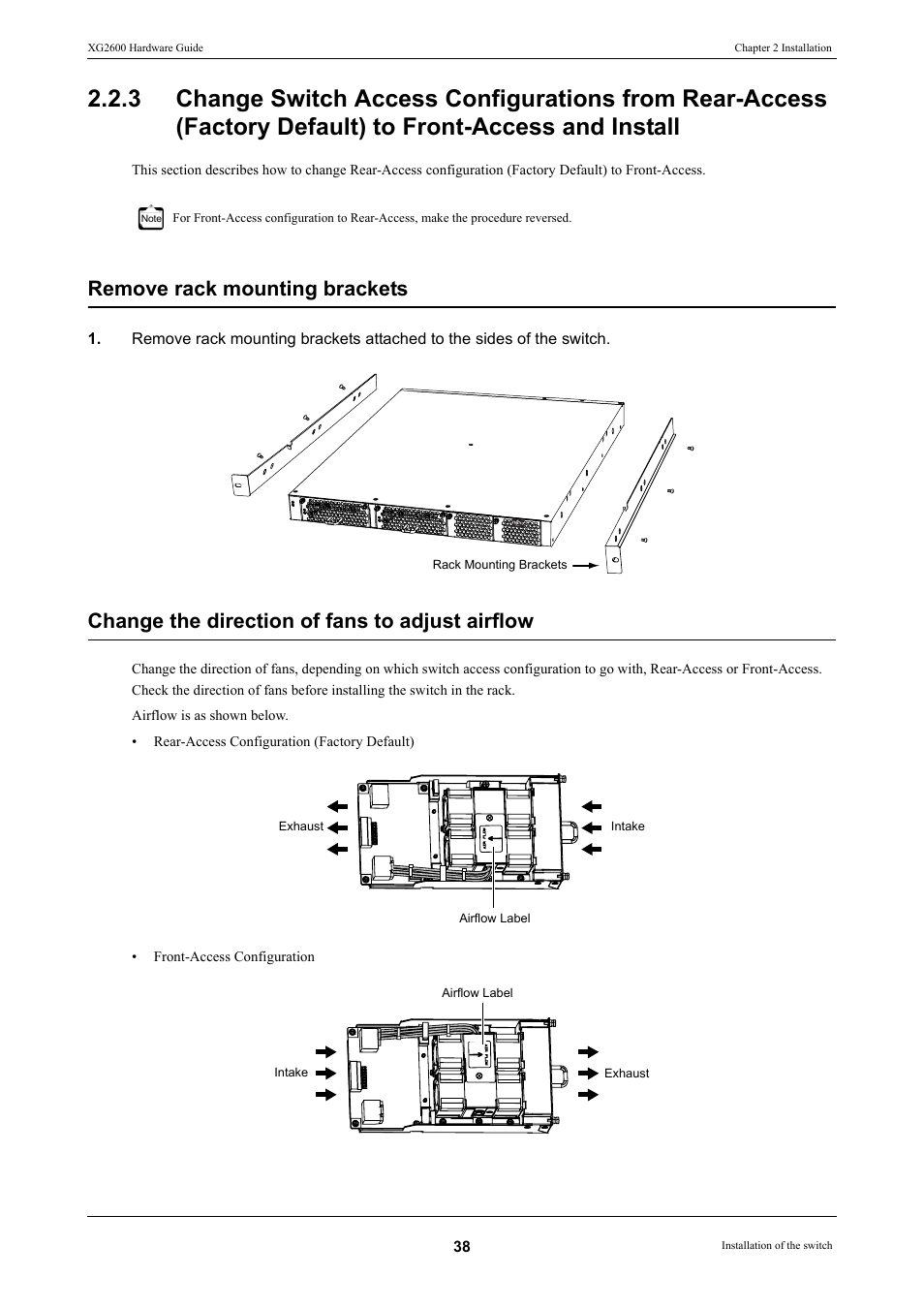 Remove rack mounting brackets, Change the direction of fans to adjust airflow | FUJITSU XG2600 User Manual | Page 38 / 59