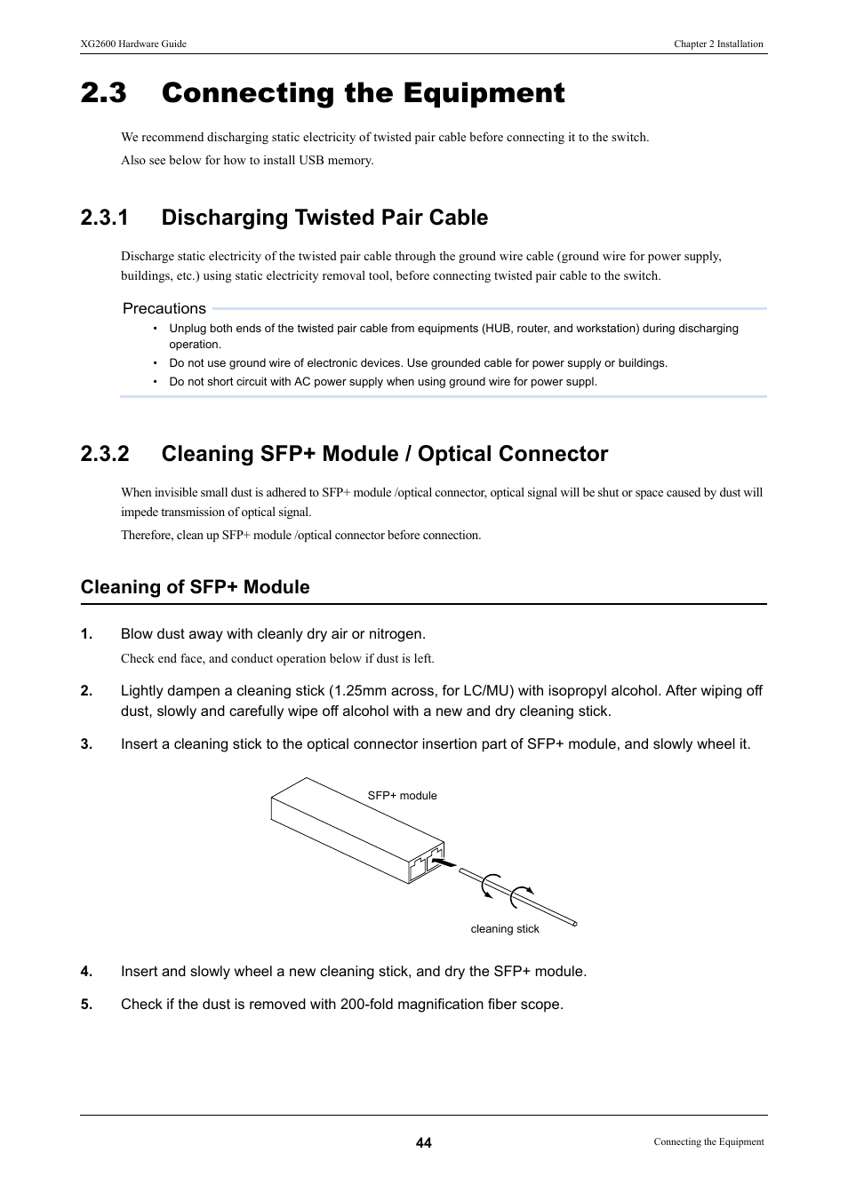 3 connecting the equipment, 1 discharging twisted pair cable, 2 cleaning sfp+ module / optical connector | Connecting the equipment, Discharging twisted pair cable, Cleaning sfp+ module / optical connector, Cleaning of sfp+ module | FUJITSU XG2600 User Manual | Page 44 / 59