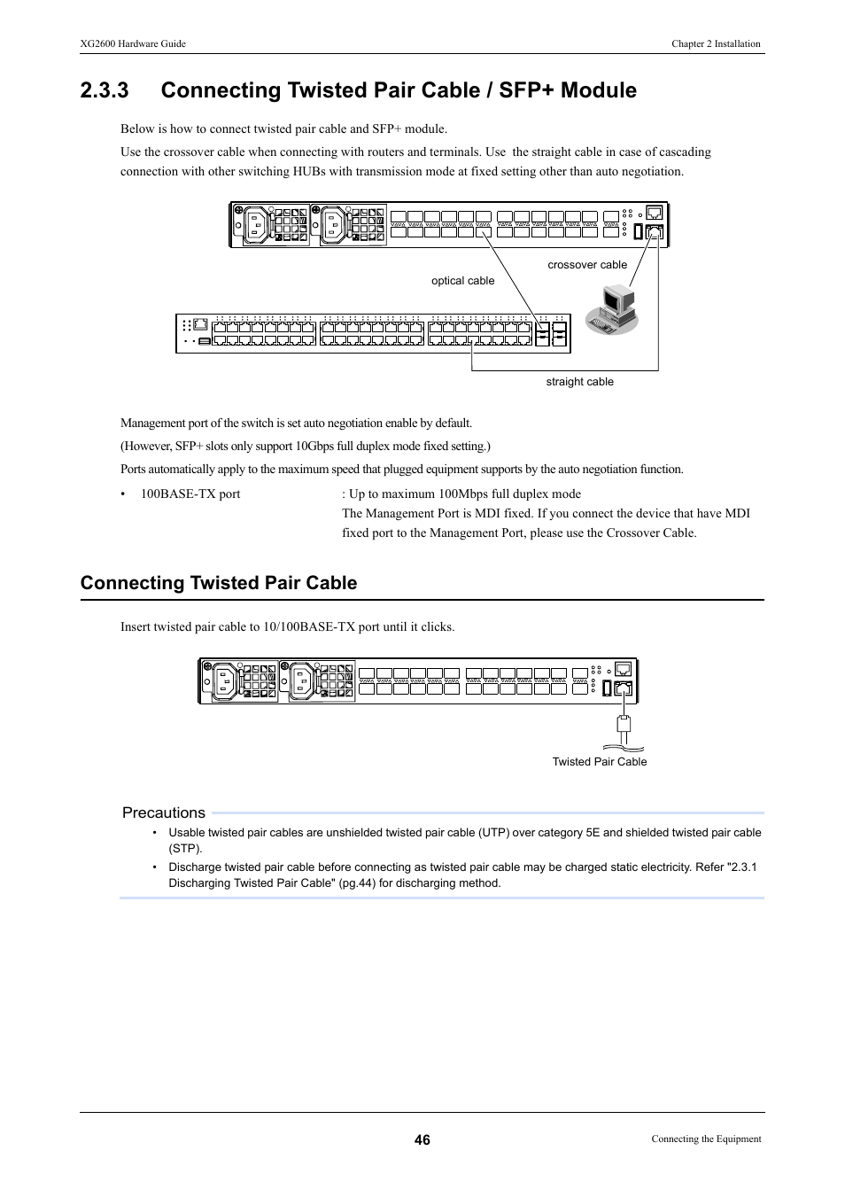 3 connecting twisted pair cable / sfp+ module, Connecting twisted pair cable / sfp+ module, Connecting twisted pair cable | FUJITSU XG2600 User Manual | Page 46 / 59