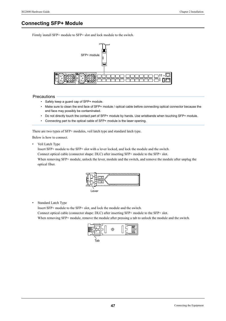 Connecting sfp+ module | FUJITSU XG2600 User Manual | Page 47 / 59