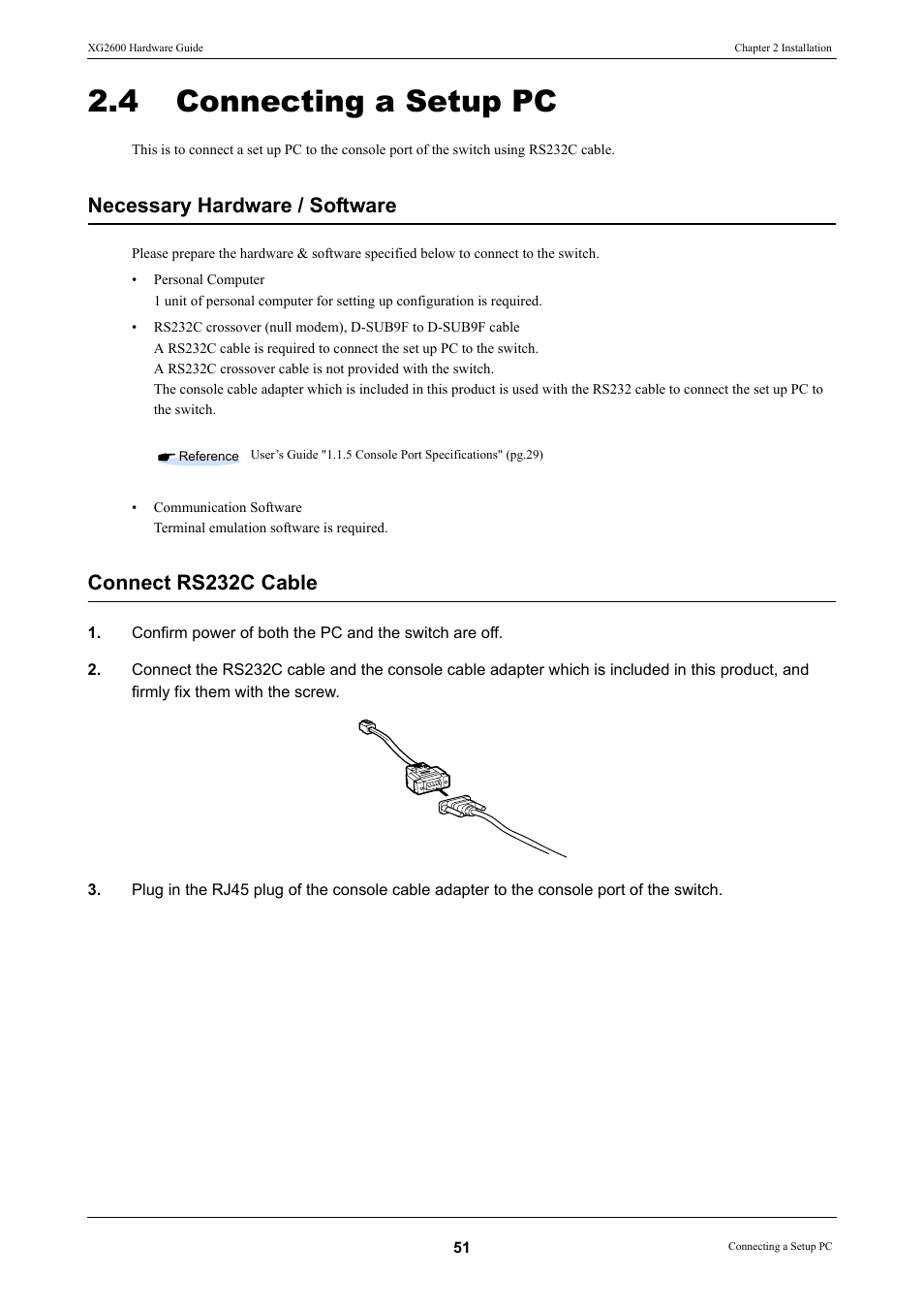 4 connecting a setup pc, Connecting a setup pc, Necessary hardware / software | Connect rs232c cable | FUJITSU XG2600 User Manual | Page 51 / 59