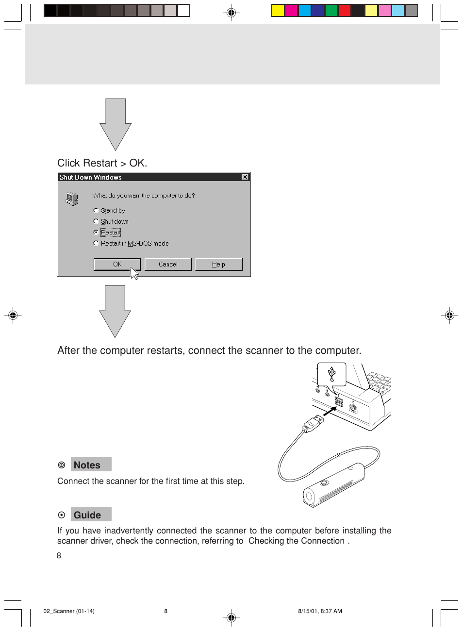 Click restart > ok | FUJITSU Mobile Color Scanner User Manual | Page 20 / 65