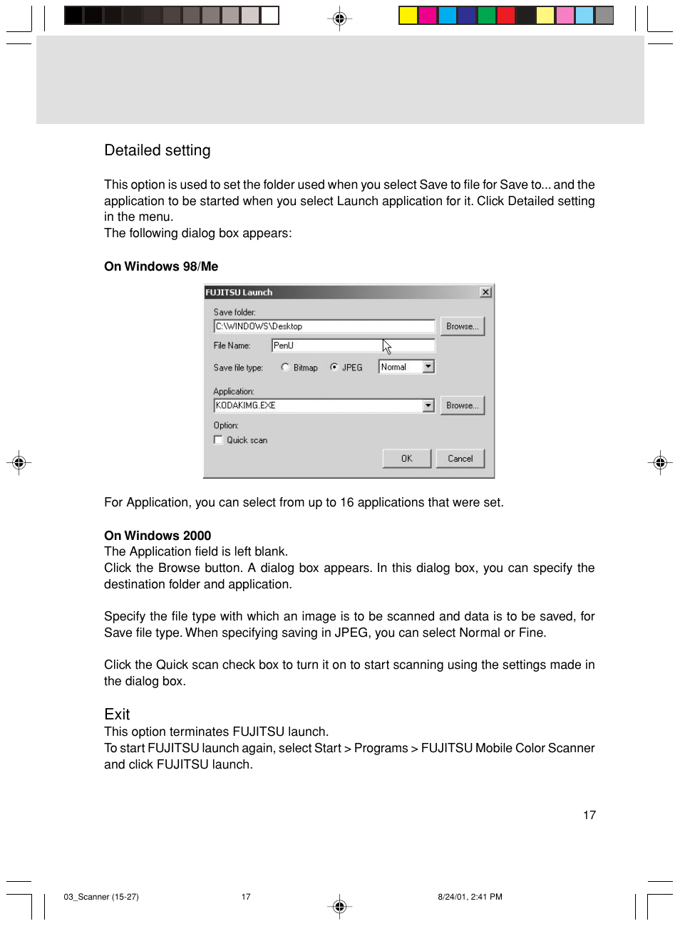 Detailed setting, Exit | FUJITSU Mobile Color Scanner User Manual | Page 29 / 65