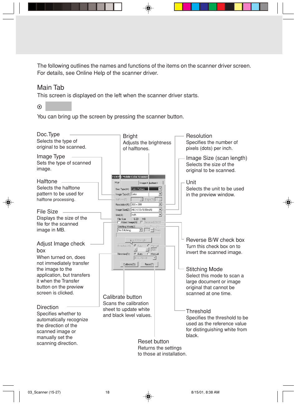 Screens displayed during use of the scanner, Main tab | FUJITSU Mobile Color Scanner User Manual | Page 30 / 65