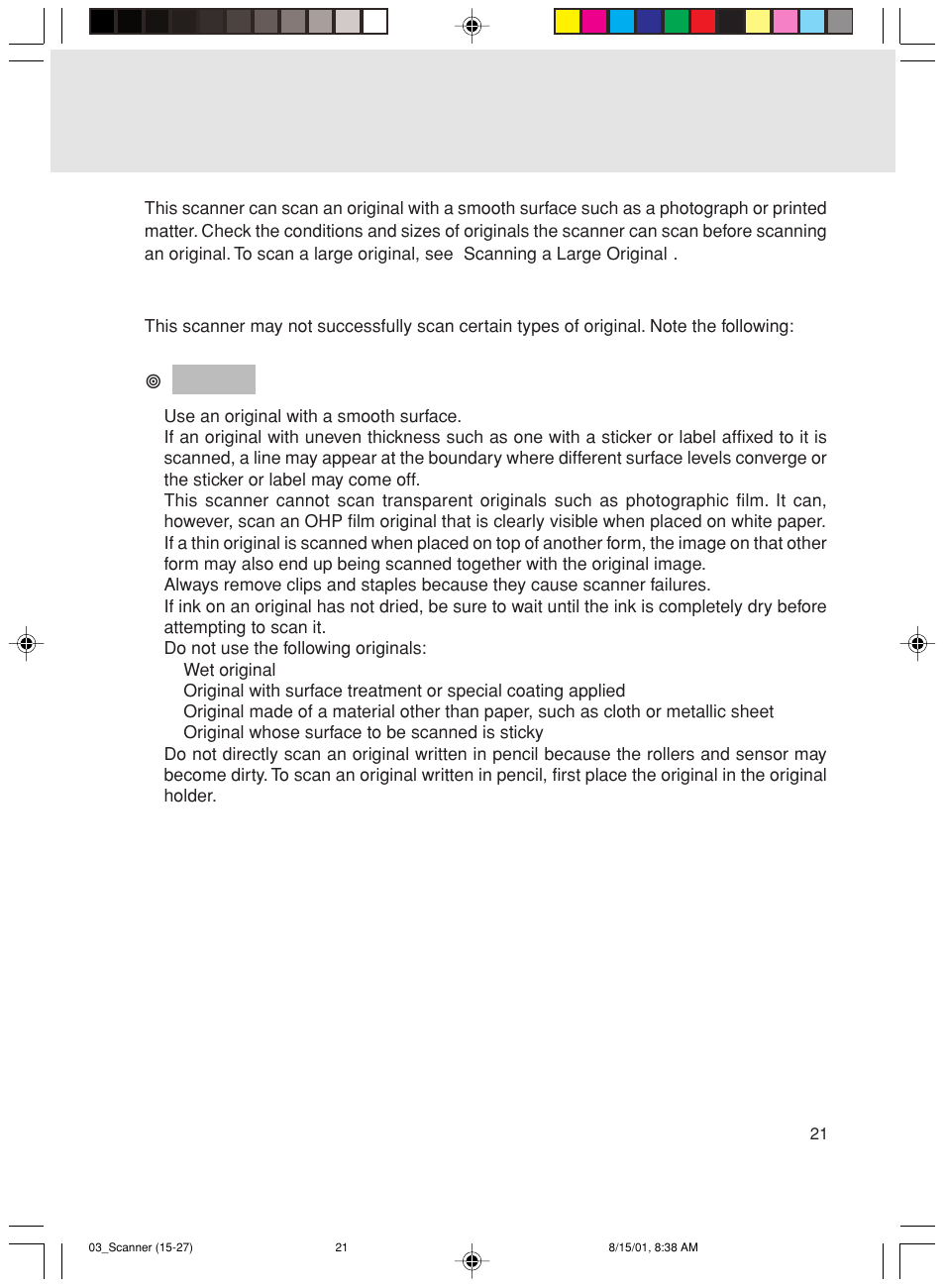 Scanning an original, Conditions for originals the scanner can scan | FUJITSU Mobile Color Scanner User Manual | Page 33 / 65