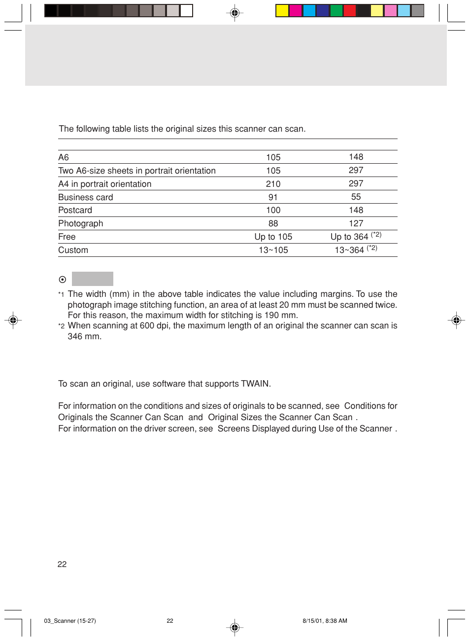 Original sizes the scanner can scan, Scanning an original | FUJITSU Mobile Color Scanner User Manual | Page 34 / 65