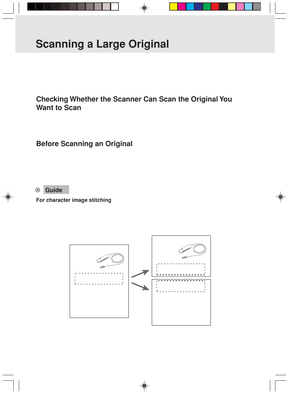 Scanning a large original, Before scanning an original, Requirement for target images | Guide | FUJITSU Mobile Color Scanner User Manual | Page 40 / 65