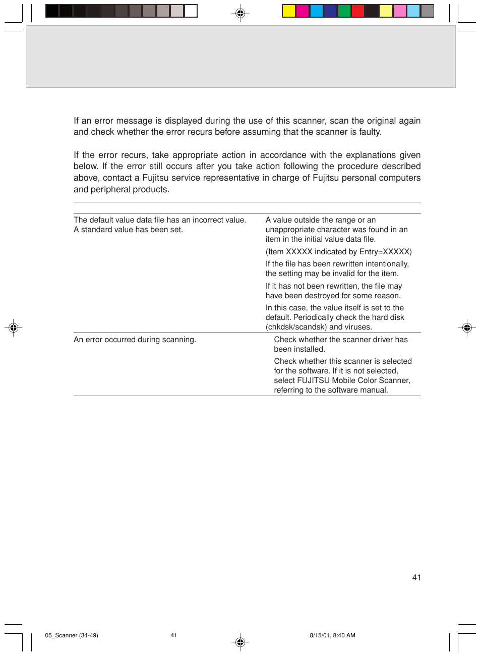 Error messages | FUJITSU Mobile Color Scanner User Manual | Page 53 / 65