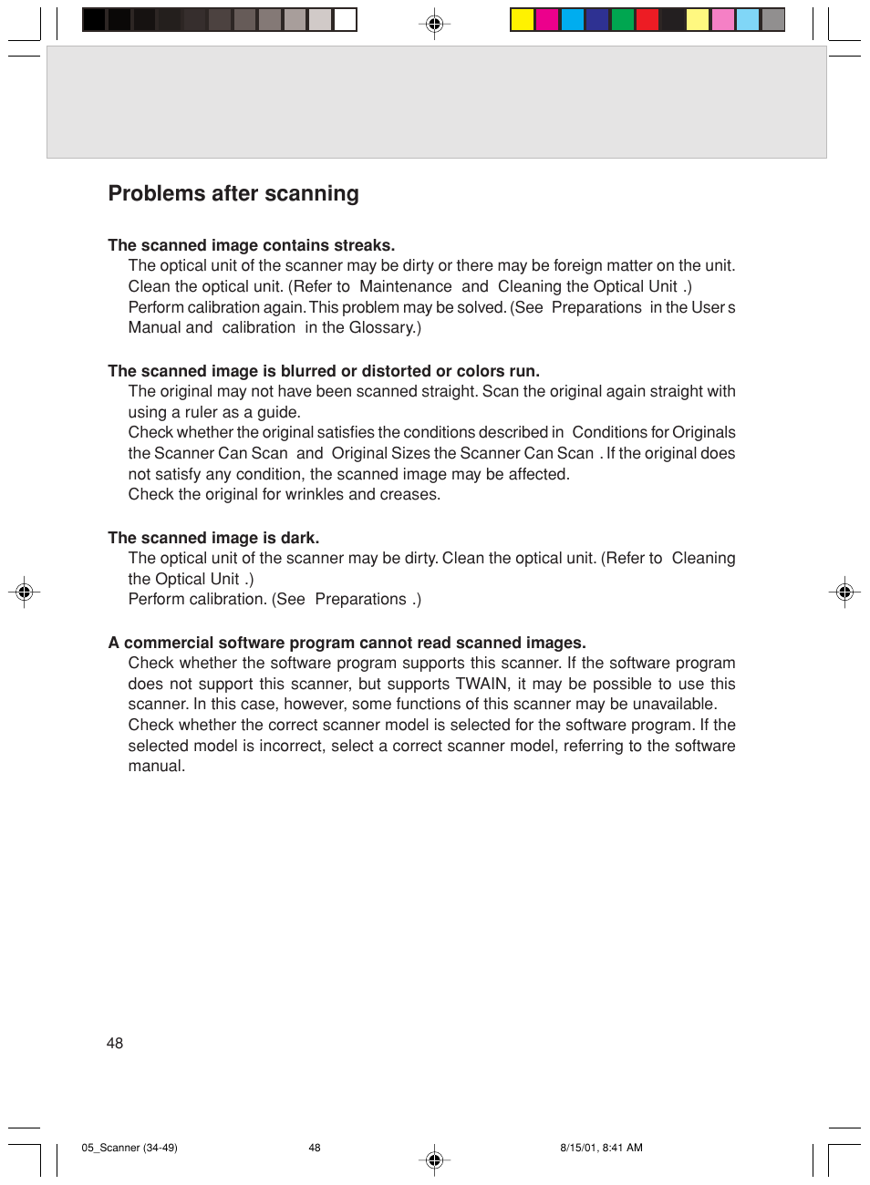 Problems after scanning | FUJITSU Mobile Color Scanner User Manual | Page 60 / 65