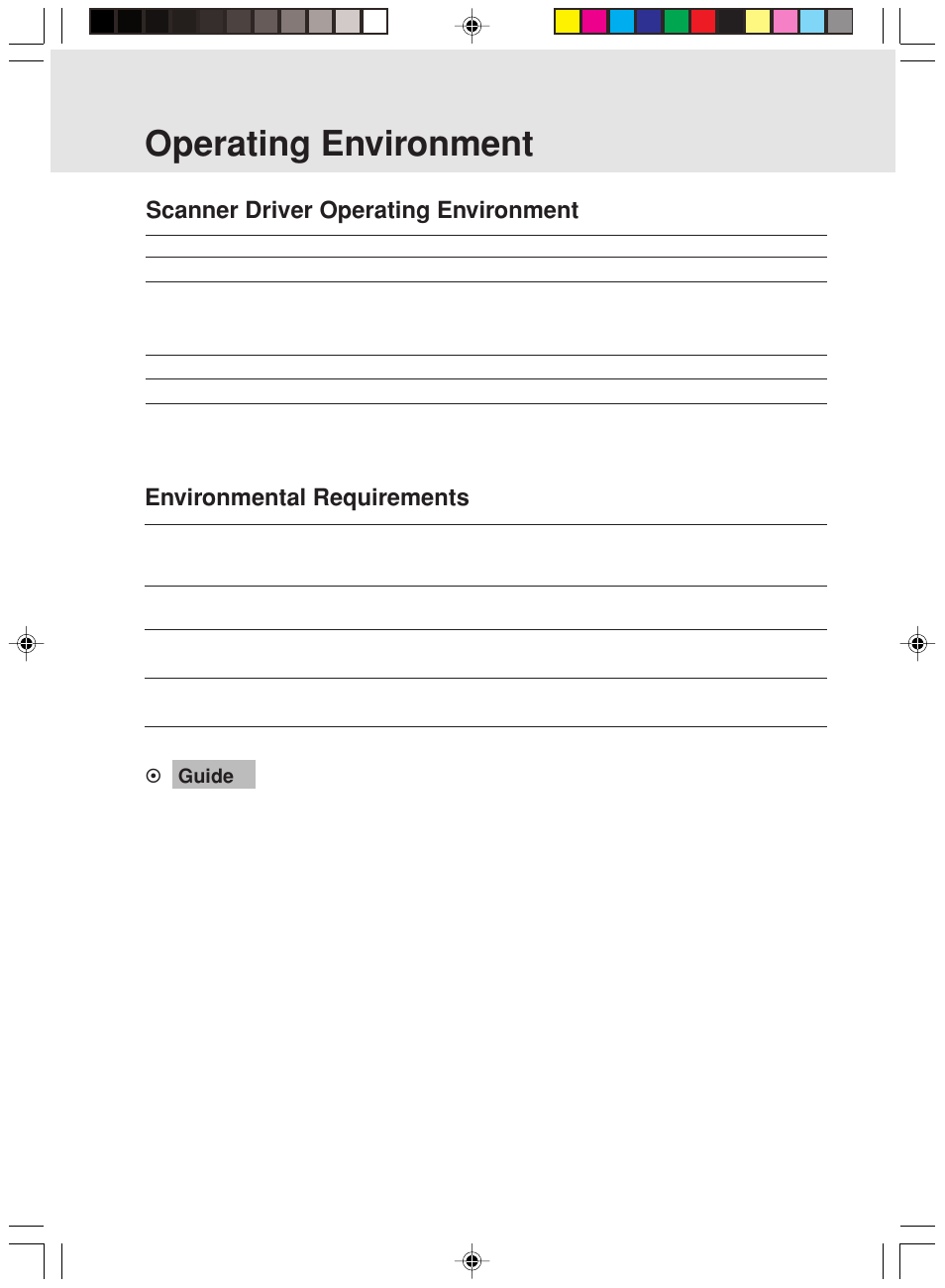 Operating environment, Scanner driver operating environment, Environmental requirements | FUJITSU Mobile Color Scanner User Manual | Page 63 / 65