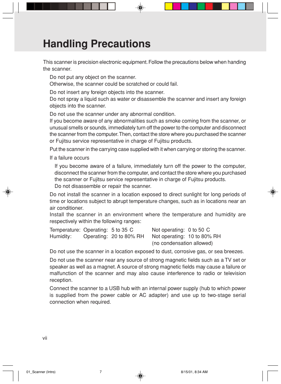 Handling precautions | FUJITSU Mobile Color Scanner User Manual | Page 7 / 65