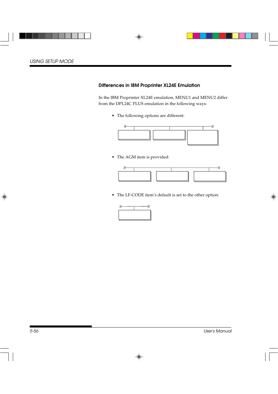 Using setup mode, Differences in ibm proprinter xl24e emulation | FUJITSU DL3800 User Manual | Page 144 / 262